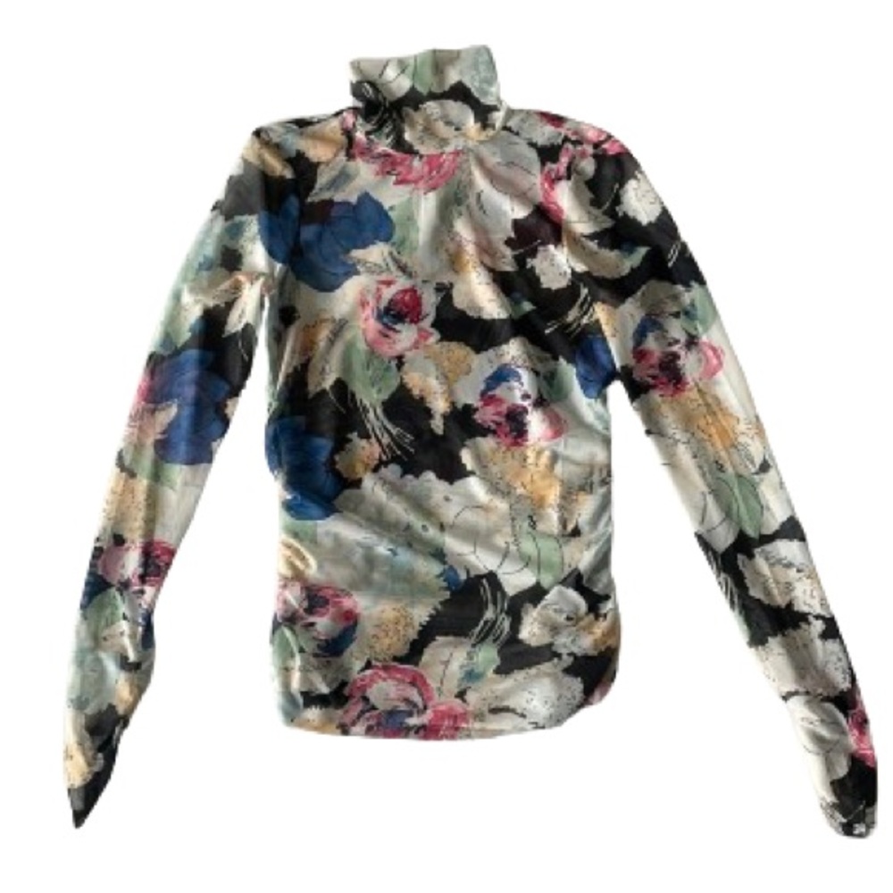 CINQ à SEPT WILDWOOD FLOWER SHIRRED MESH TURTLENECK